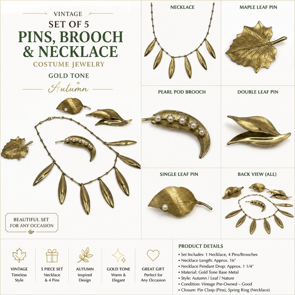 Vintage Gold Tone Leaf‎ Jewelry Set Necklace and 4 Brooches Faux Pearl Accents